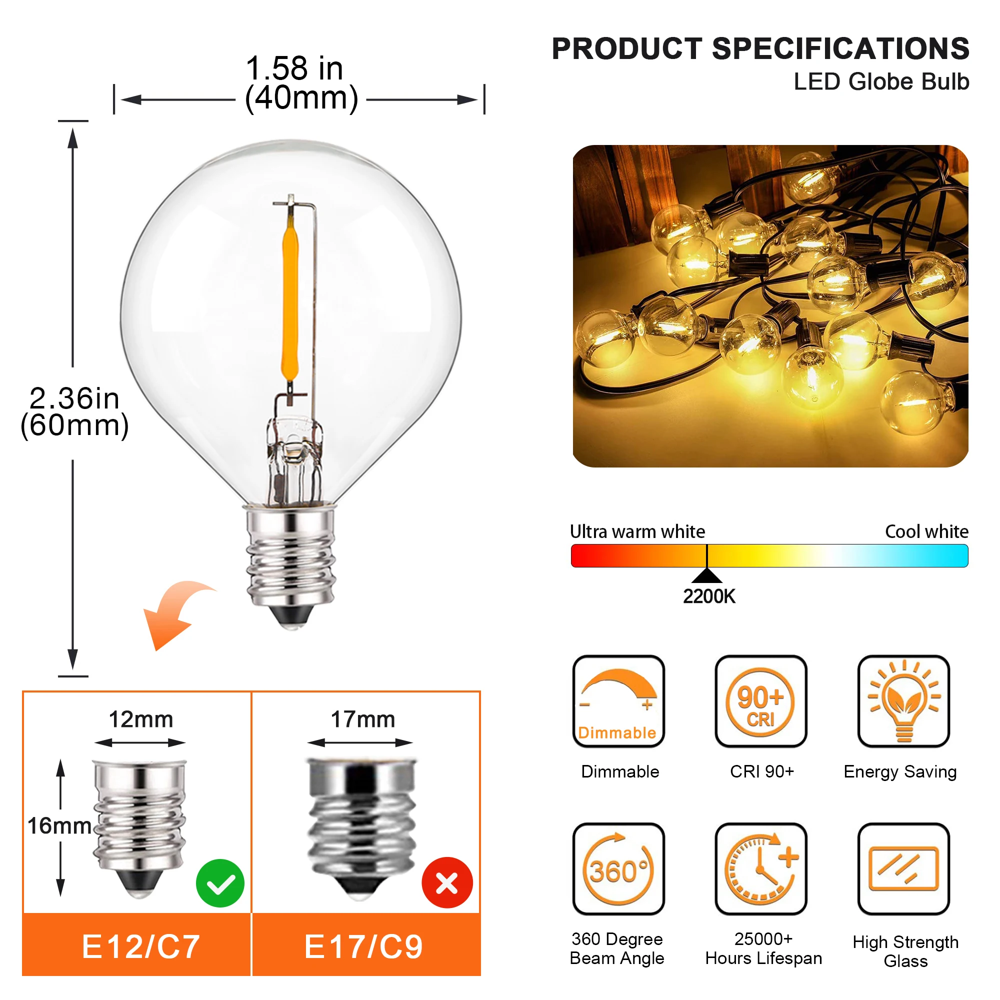 G40 bombillas de repuesto de luz LED E12 220V 110V bombilla de globo blanco cálido 2200K 10W equivalente decoración interior y exterior