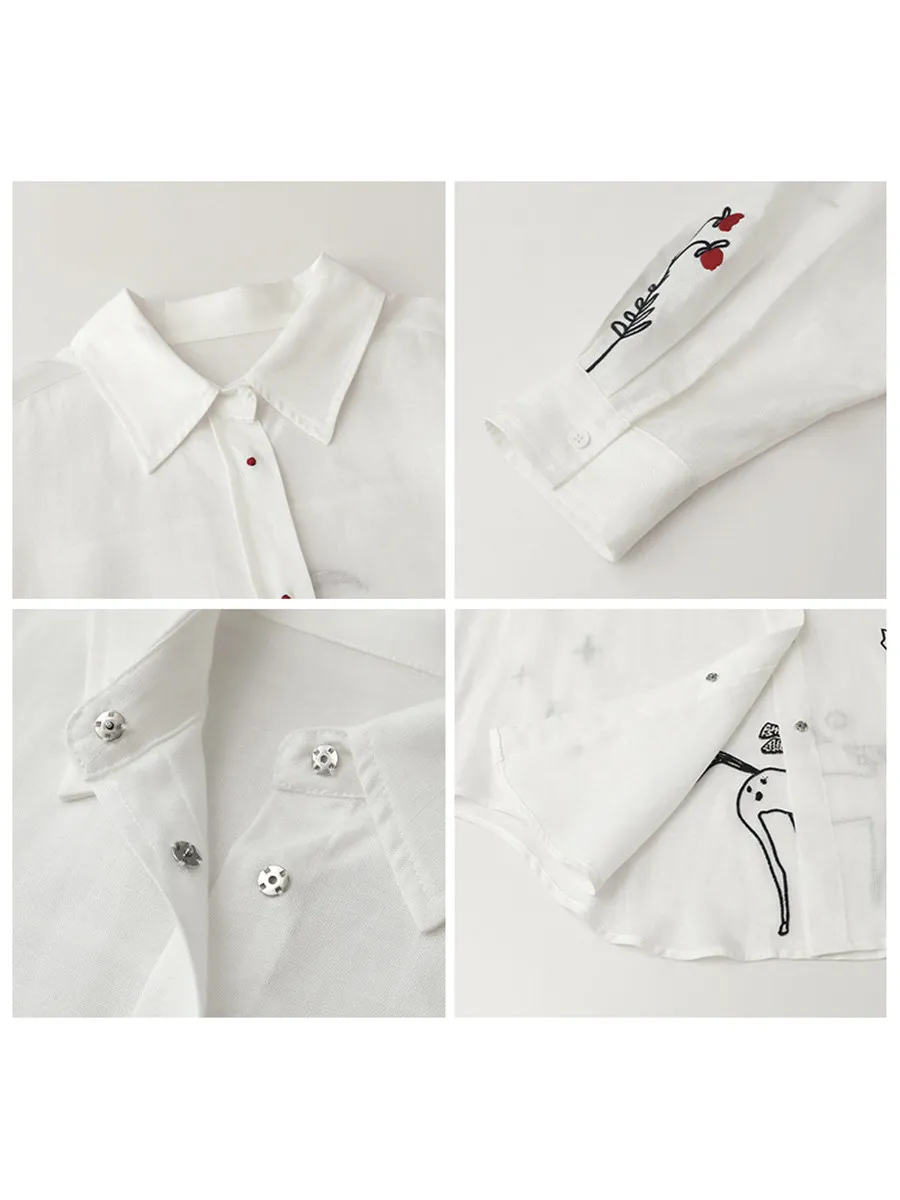 Camisa de Moda CHIC VEN para Mujer, Blusa Blanca de Manga Larga con Botones, Estilo Casual Holgado, Bordado de Poni, Primavera Verano 2026