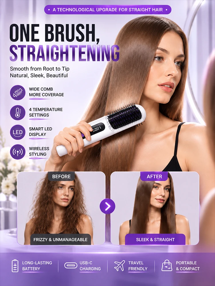 Cepillo Alisador de Cabello Inalámbrico, Peine Eléctrico con Calor, Recargable por USB, 4 Niveles de Temperatura, Pantalla Digital para Mujeres, Ideal para Viajes