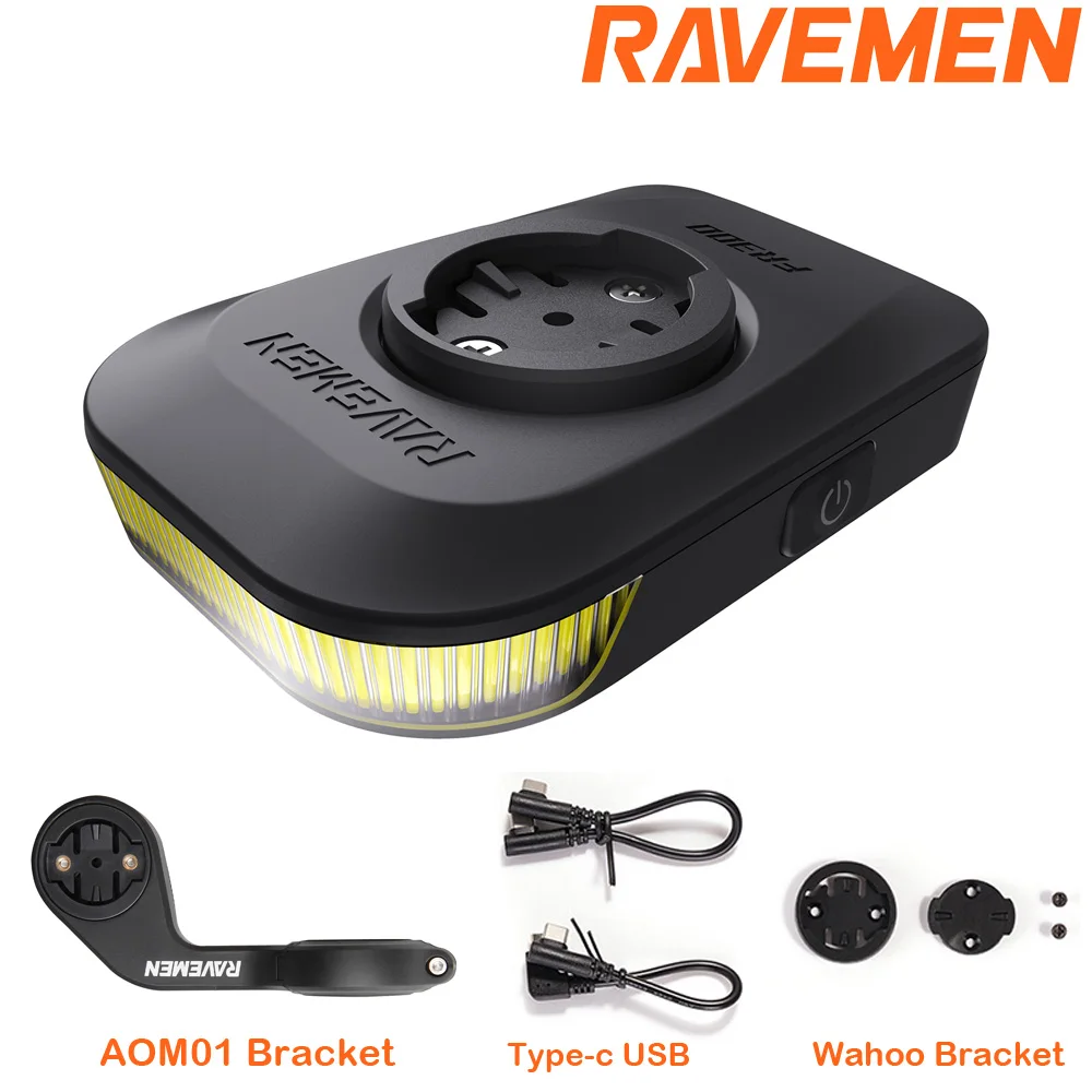 Luz Delantera para Bicicleta RAVEMEN FR300 FR160, Soporte AOM05 Compatible con GPS Garmin Wahoo, Luz Frontal de Seguridad para Bicicleta con Visibilidad Lateral