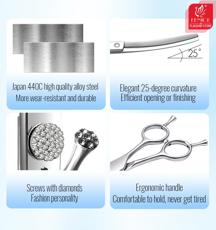 Tijeras de aseo Fenice, tornillo de diamante de 7/7,5/8 pulgadas, tijeras profesionales curvadas, tijeras más delgadas para herramientas de esteticista para mascotas