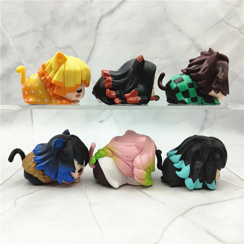 6 unids/set Anime Demon Slayer figura Nezuko Tanjirou Zenitsu Inosuke Mini estatuilla Kawaii oreja de gato figura para dormir PVC modelo muñeca Juguetes