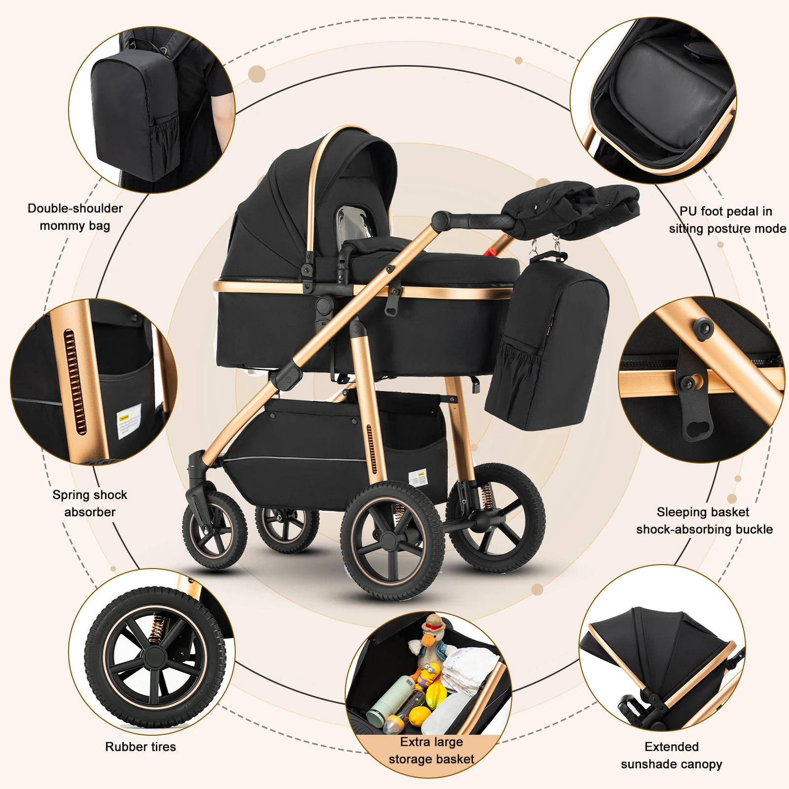 Cochecito de Bebé 3 en 1 de Lujo, con Marco de Aluminio, Plegable, Multifuncional, con Asiento Reclinable para Recién Nacidos