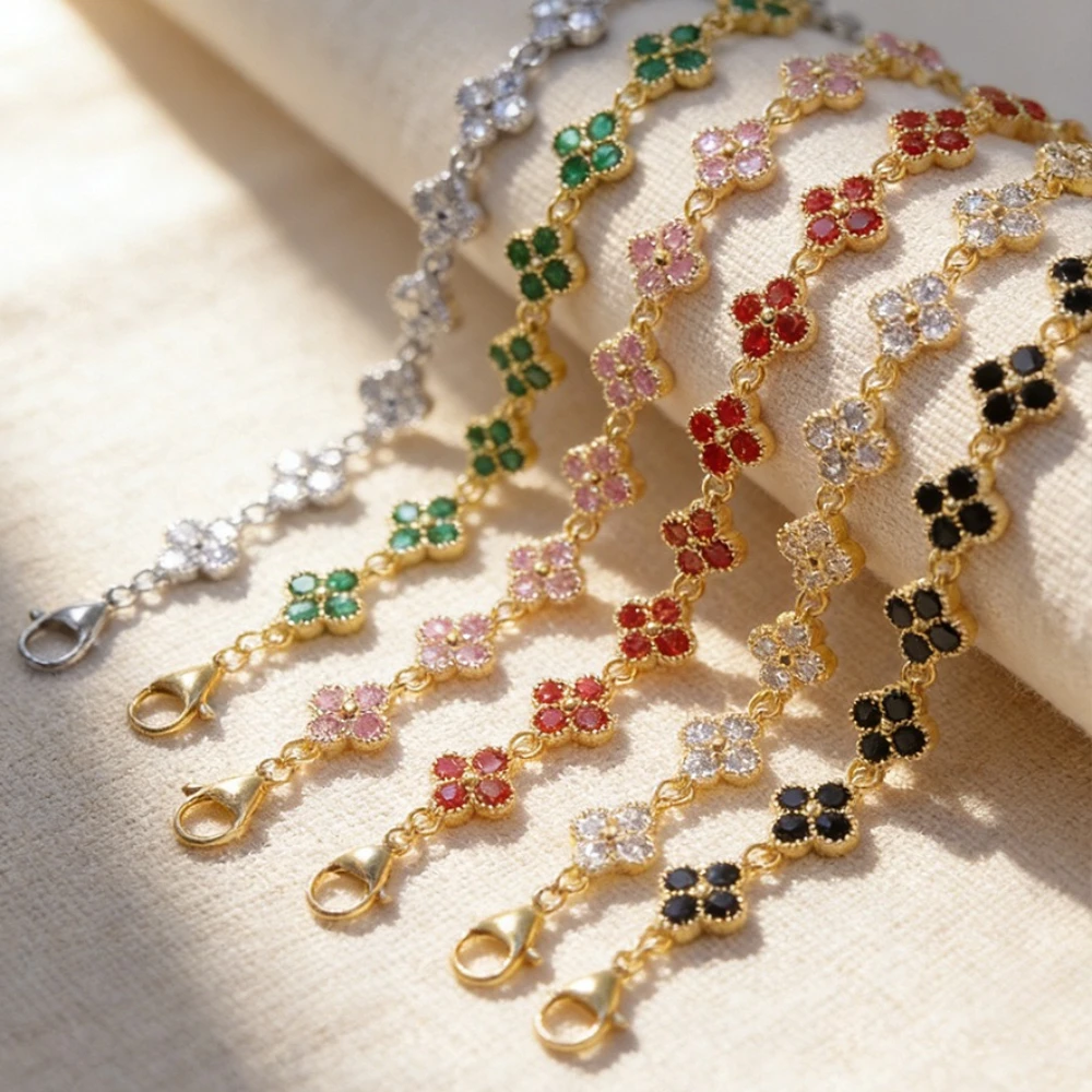 Pulsera de Acero Inoxidable con Cubierta de Flores de Circonia Cúbica de Colores, Ajustable, con Trébol de Cuatro Hojas y Flores de Circonia, Joyería para Mujer