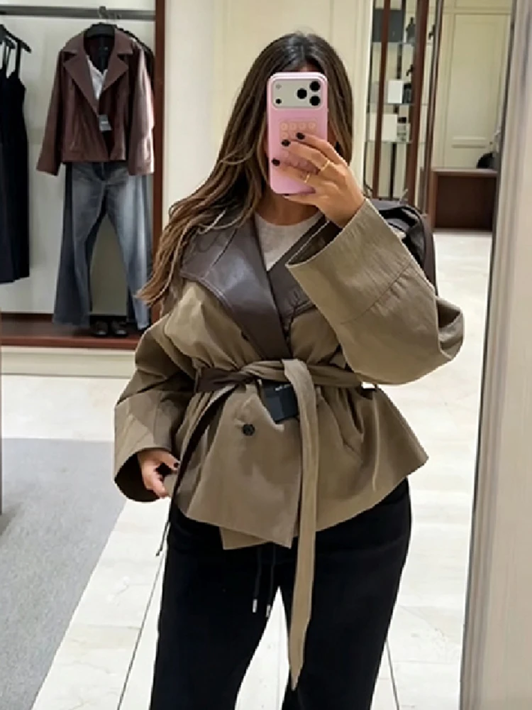 Gabardina Corta para Mujer, de Piel Sintética, con Hombreras Empalmadas, Cinturón en la Cintura, Corte Holgado, Color Caqui, Chaqueta Corta Vintage 2026, Ropa Exterior para Damas