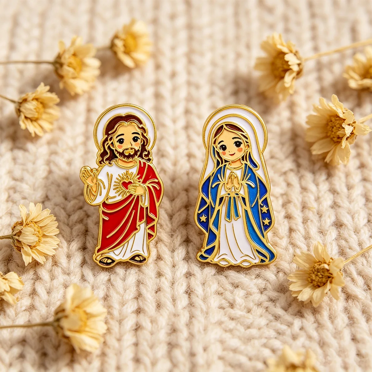 Juego de 2 broches de esmalte de Jesús y la Virgen María para abrigos, broches vintage, insignias de metal para cuello y solapa, regalo de joyería