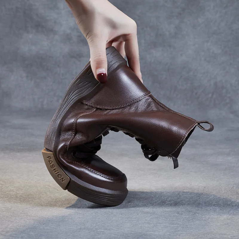 DRKANOL, botas cortas de cuero genuino para mujer, punta redonda, cuero genuino, hecho a mano, estilo callejero Retro, botines planos cálidos de invierno