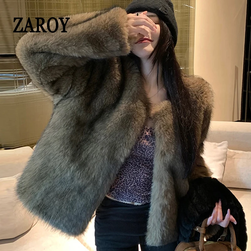 ZAROY Abrigo de piel sintética para mujer, ideal para el invierno, de lujo y elegante, con cuello redondo, tipo cárdigan, chaqueta de piel, abrigo de piel suave y cálido, perfecto para fiestas y banquetes.