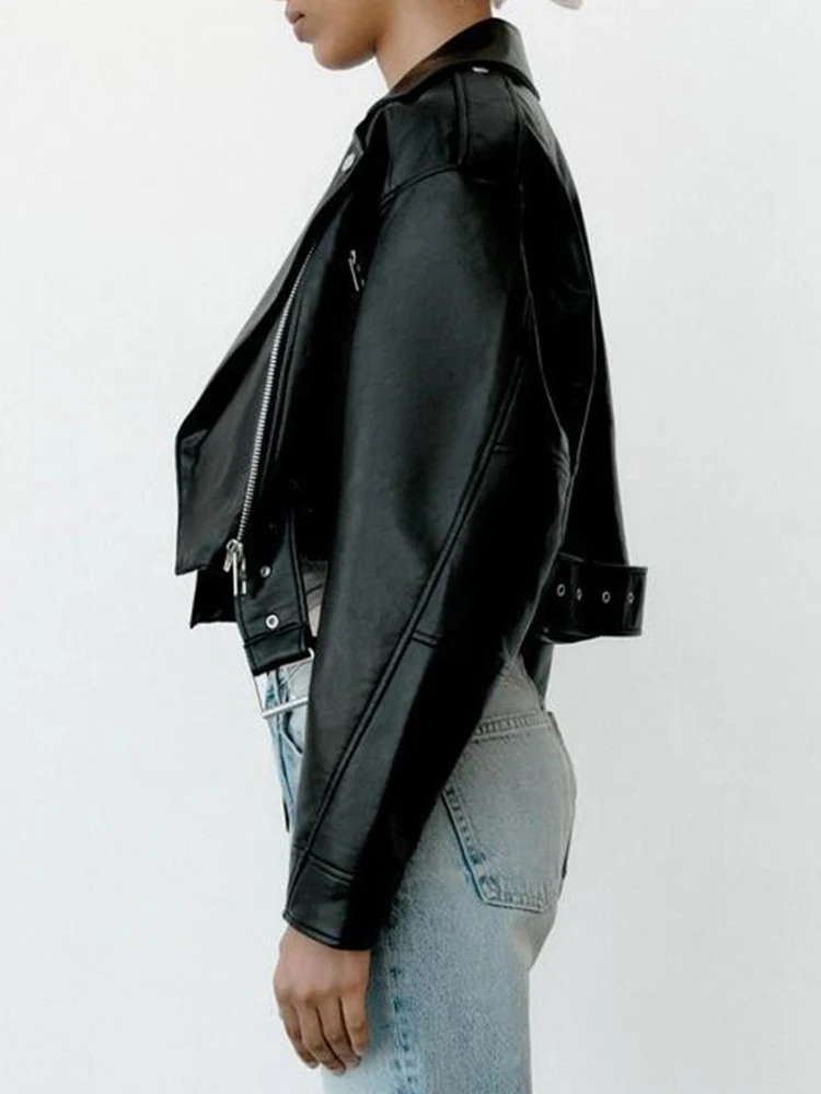 Ailegogo primavera otoño mujer imitación Pu Chaqueta corta de cuero con cinturón motocicleta motociclista mujer cremallera solapa abrigo suelto prendas de vestir
