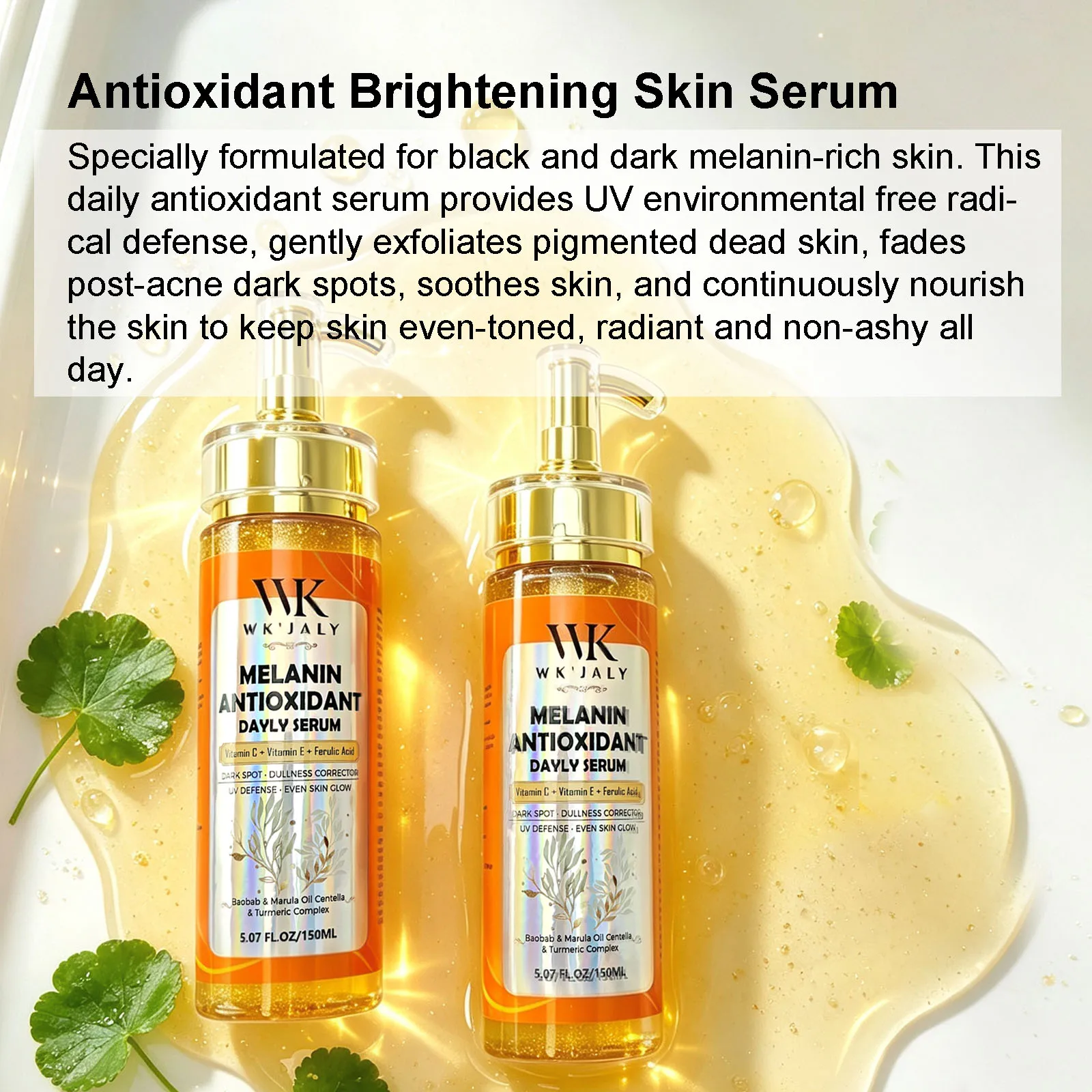 Suero Diario Antioxidante con Melanina WK JALY, con Aceite de Baobab, Aceite de Marula, Corrector de Manchas Oscuras y Opacidad, Esencia para un Brillo Uniforme de la Piel