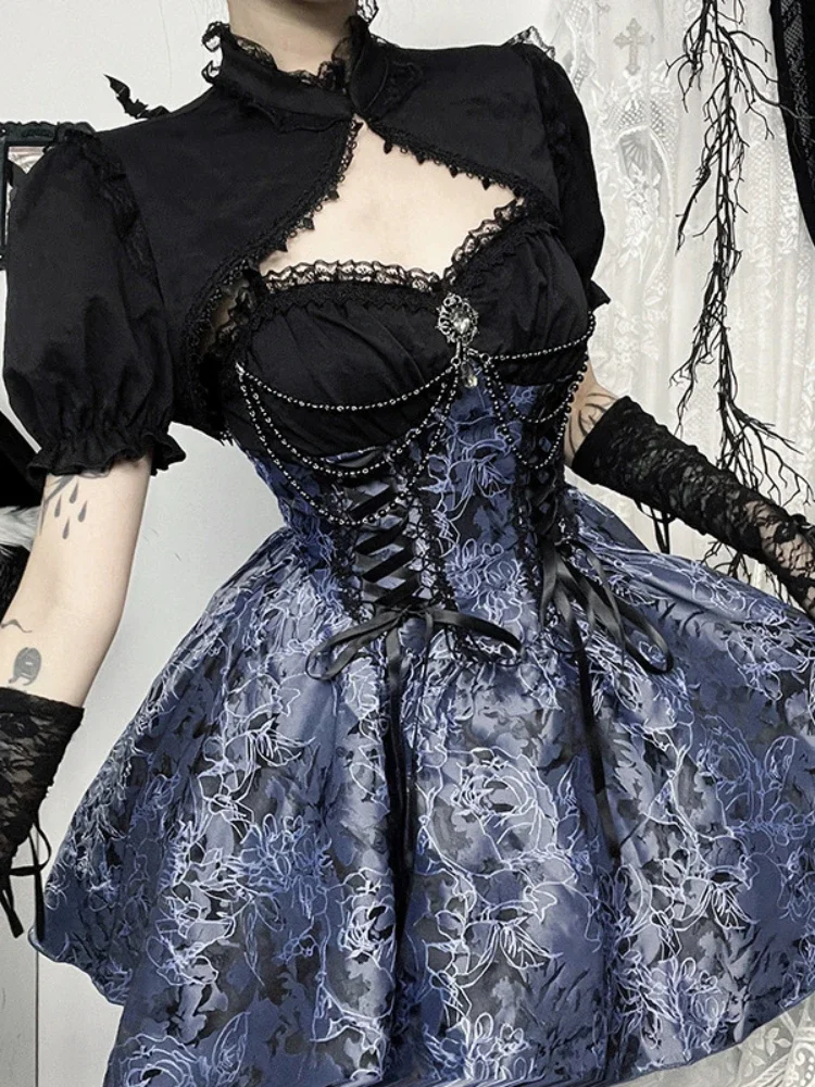 AltGoth-vestido gótico oscuro de Lolita para mujer, ropa de calle Harajuku, Hada estética Grunge, encaje de retales, vendaje, corsé, ropa de fiesta