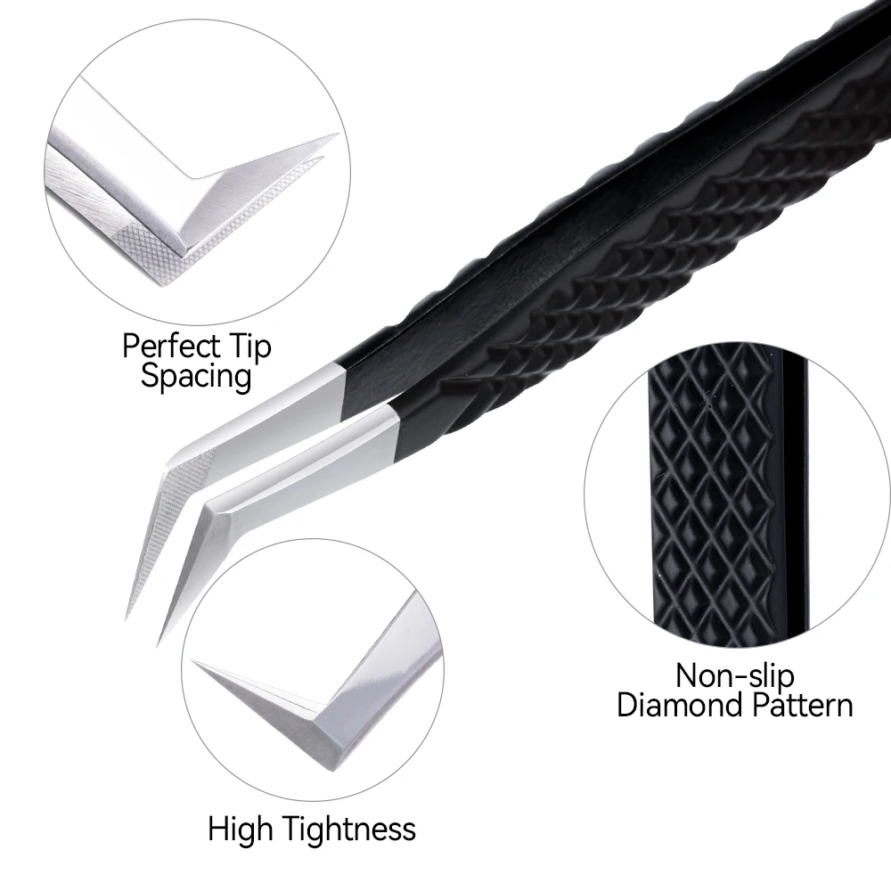 DAMMAN Juego de 3 Pinzas para Pestañas con Punta de Fibra, Pinzas de Alta Precisión para Extensión de Pestañas con Estuche de Cuero, Herramientas de Maquillaje