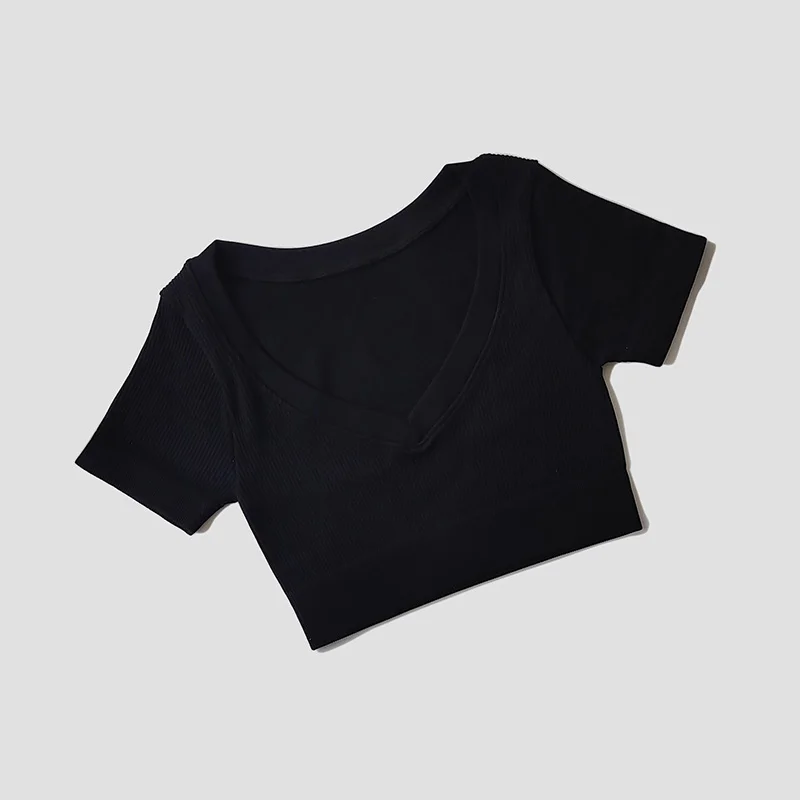 Tops sin costuras para mujer, camisas de Yoga de manga corta con cuello de pico profundo, Top corto de Fitness, camisas de Yoga para mujer, ropa deportiva para gimnasio