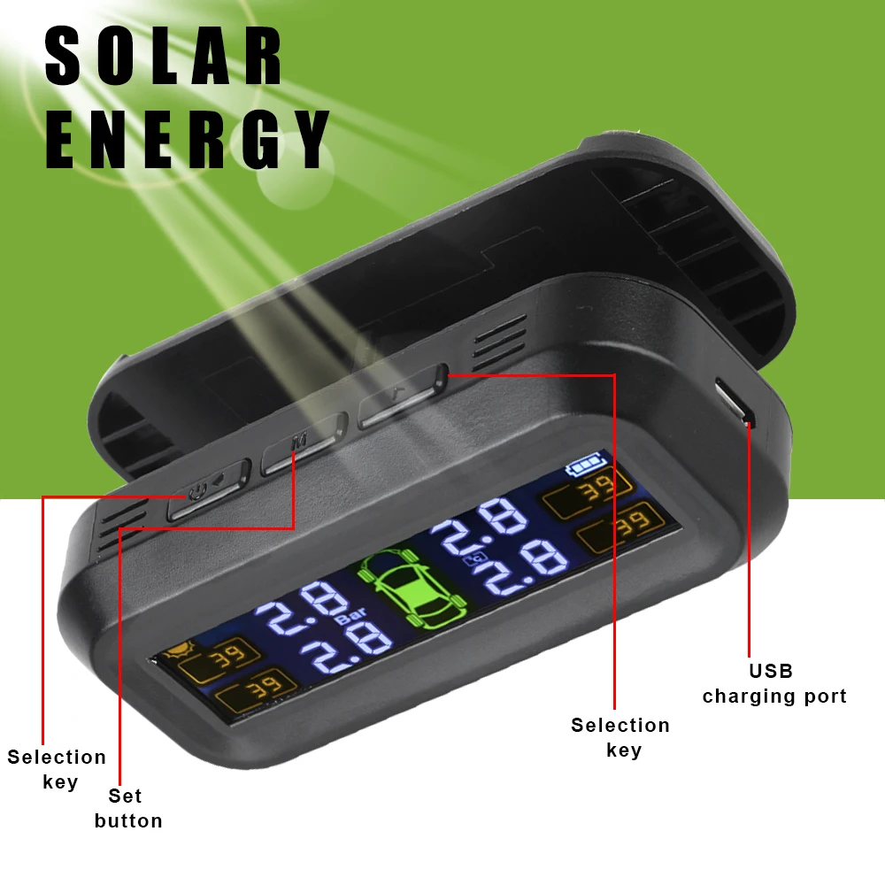 Monitor de presión de neumáticos de coche, sistema de supervisión de presión de neumáticos, advertencia de temperatura, ahorro de combustible, TPMS Solar con 4 sensores externos