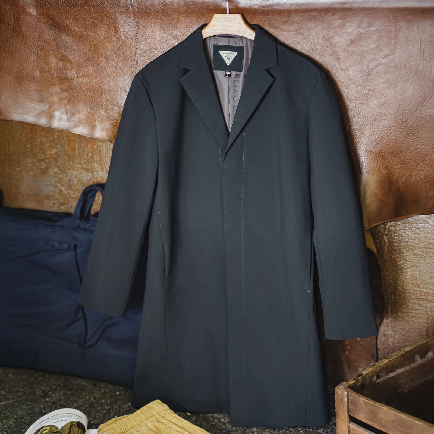 Maden Gabardina vintage para ir al trabajo para hombre, abrigo repelente al agua de longitud media, cortavientos con ventilación trasera y solapa azul para primavera y otoño