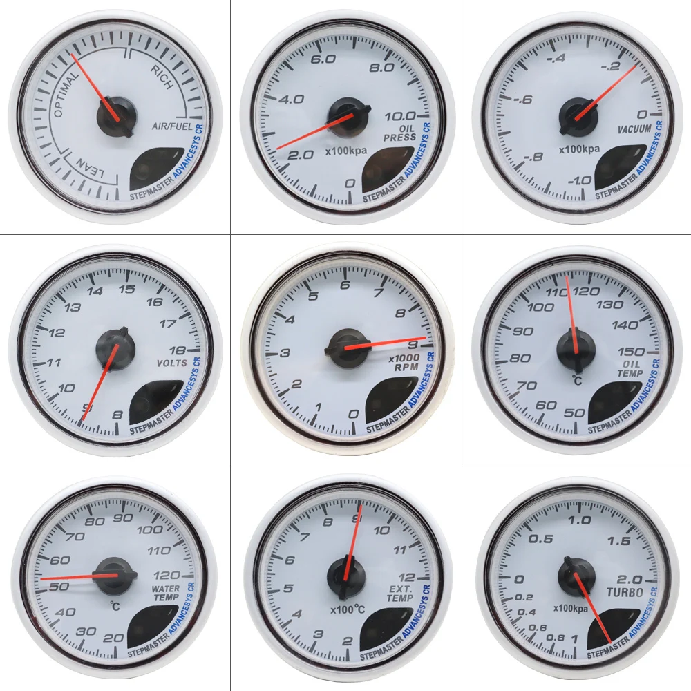 Medidor de coche de 60mm, temperatura del agua, temperatura del aceite, tacómetro de presión, voltios, aire, escape de combustible, GAS, RPM, medidor facial blanco