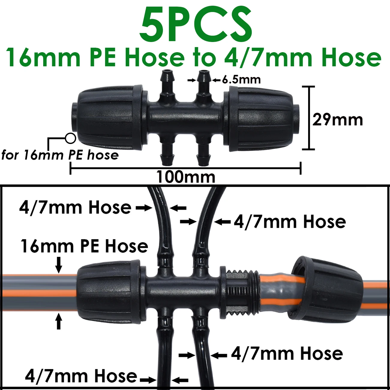 KESLA 5 uds 16mm 1/2 ''PE conector de tubo divisor en T acoplamiento bloqueo roscado a 4/7mm 3/5mm manguera jardín riego por goteo