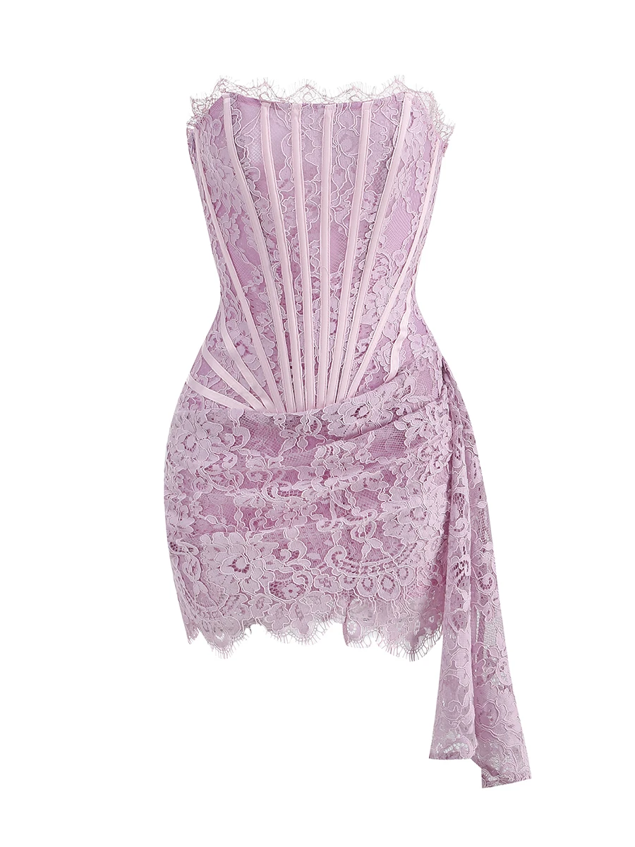 VC Vestido de Navidad para mujer Vestido corto sexy sin tirantes sin mangas de encaje rojo con cordones