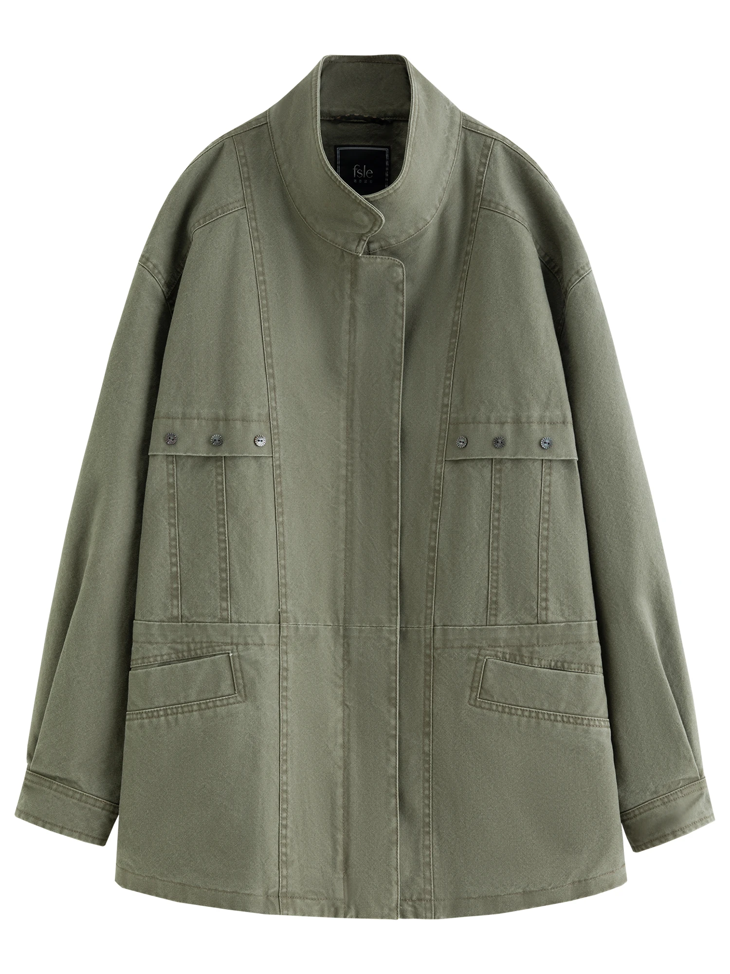 FSLE【Serie Premium】Chaqueta Corta Cargo Retro Vintage para Mujer, Primavera 2026, con Cuello Alto, Estilo Urbano Oversize
