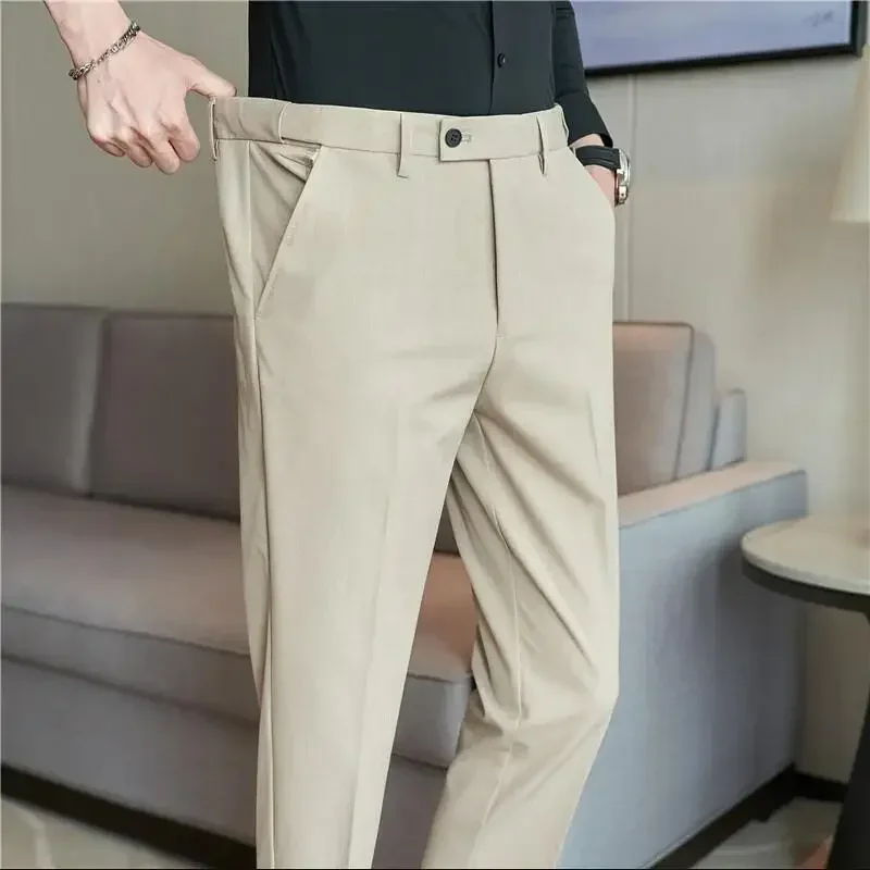Pantalón de traje para hombre, pantalones de vestir ajustados lisos con cintura elástica de otoño, pantalones sociales informales de negocios para oficina, ropa de talla grande 40 38 para hombre