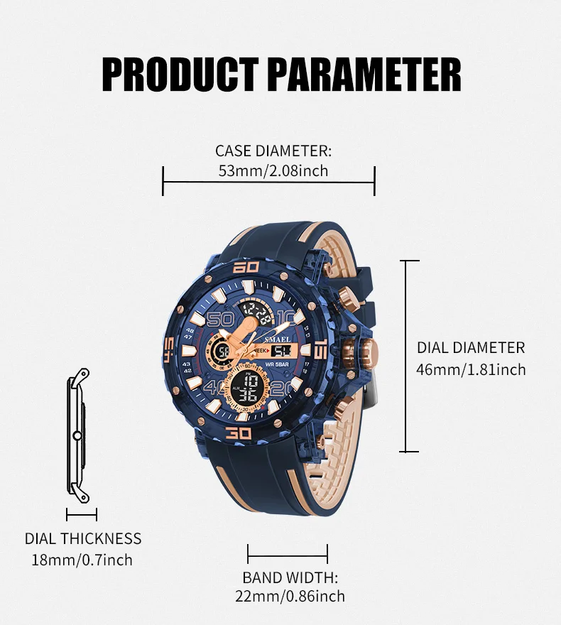 Reloj Deportivo Digital para Hombre SMAEL 8136 - Resistente al Agua 50M, Retroiluminación LED, Alarma, Cronómetro, Resistente a Impactos