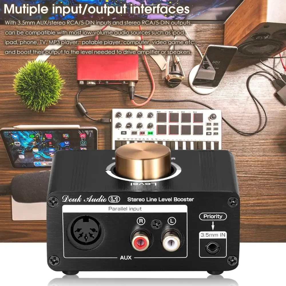Douk Audio L1 Mini amplificador de nivel de línea estéreo, amplificador de señal de Audio, preamplificador Digital HiFi, Control de volumen para teléfono, TV, reproductor de Audio
