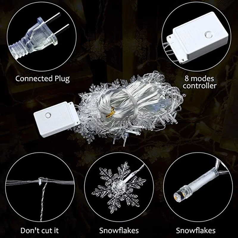 Guirnalda de luces LED con copos de nieve de Navidad, 3,2 M, luces de cortina de hadas intermitentes, impermeables para fiestas, bodas, decoración navideña