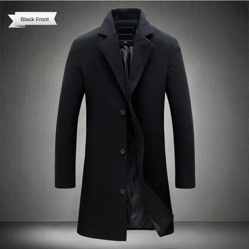 Abrigo largo de algodón para hombre, chaqueta cortavientos ajustada informal de negocios de Color puro de mezcla de lana para otoño e invierno, ropa de moda para hombre 2025