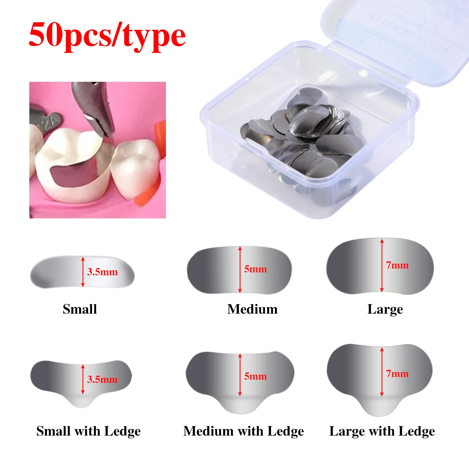 Bandas de Metal para Matrices dentales, recambio de matriz seccional contorneada, tamaños S/M/L, 35μm, herramientas de dentadura de repuesto, 50 piezas