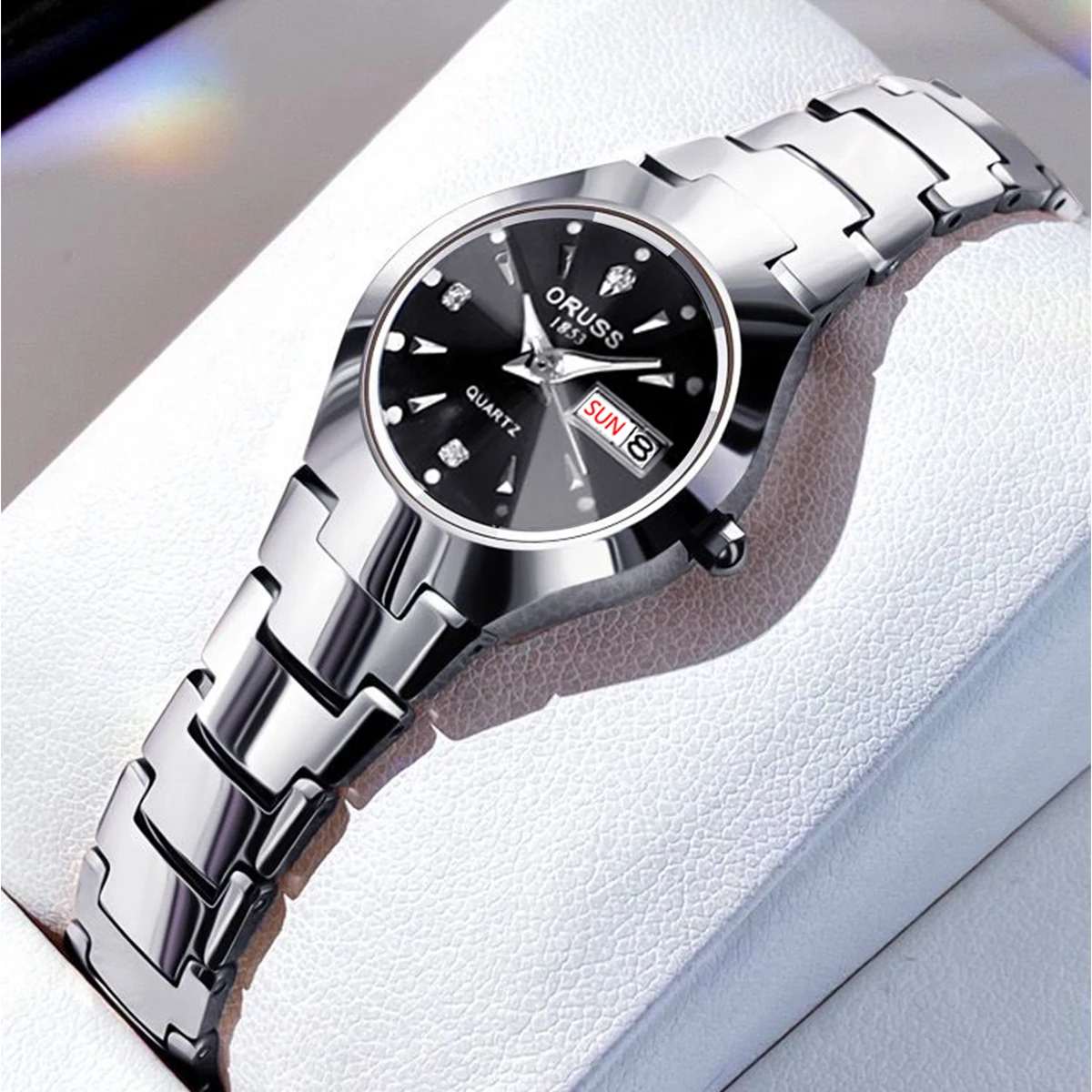 Reloj ORUSS de marca novedosa para mujer, reloj de cuarzo elegante de acero inoxidable resistente al agua con puntero luminoso y calendario semanal para mujer