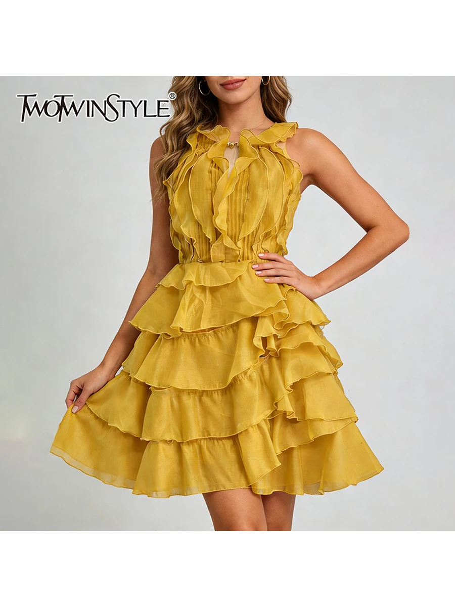 Vestidos Mini con Volantes y Corte Entallado de Moda TWOTWINSTYLE para Mujer, Cuello Redondo, Sin Mangas, Cintura Alta, Vestido Casual Femenino Nuevo