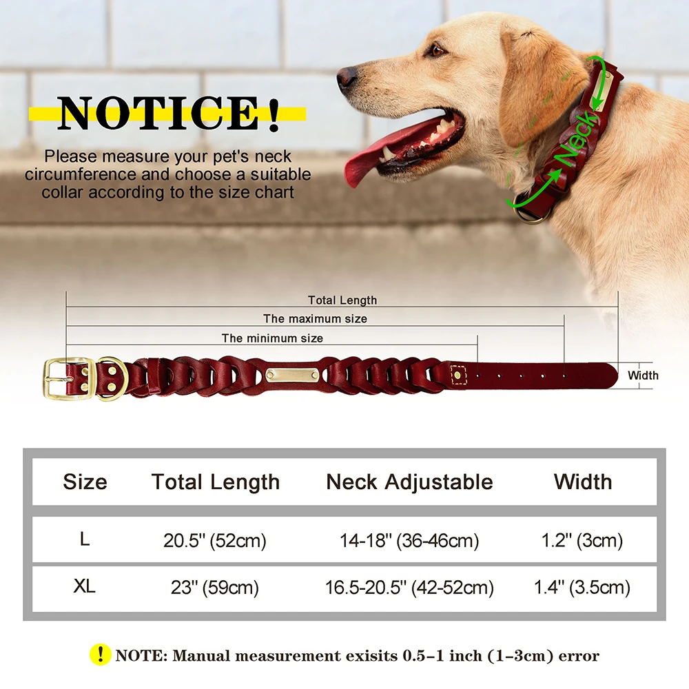 Collar de piel auténtica para perro, personalizado, mediano y grande, identificación de mascotas, Pitbull, grabado de nombre