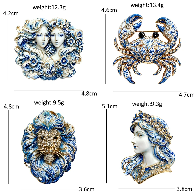 Broches de Lujo Barrocos con los 12 Signos del Zodiaco para Mujer, Unisex, Diseño de Porcelana Azul y Blanca, Broches de Animales para Fiesta o Uso Diario, Regalos