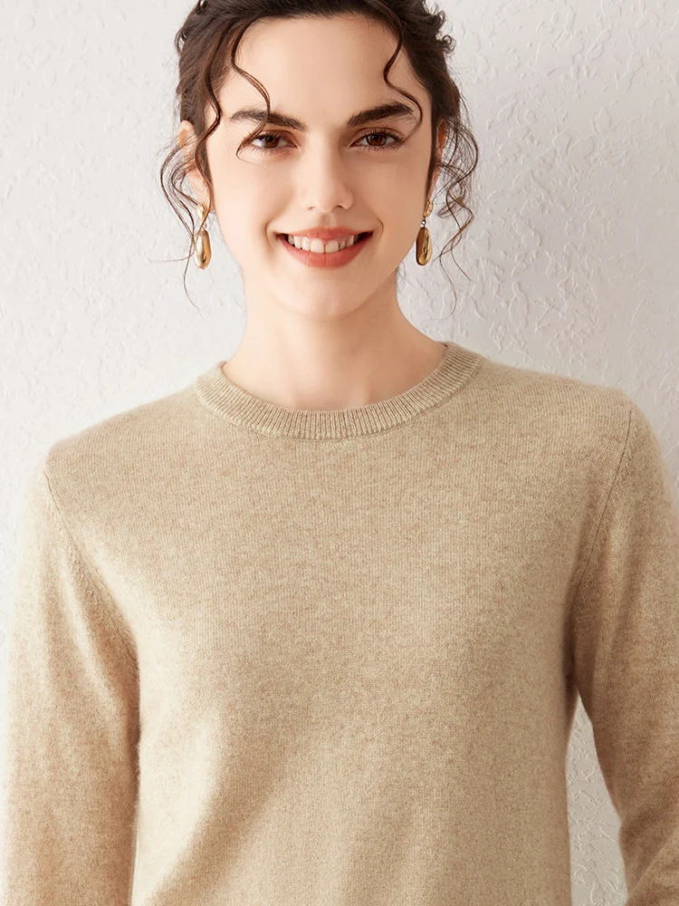 100% suéter de cachemira pura para mujer 2025 Otoño Invierno cuello redondo manga larga cálido suave Jersey de punto nuevas camisetas de punto ropa de mujer