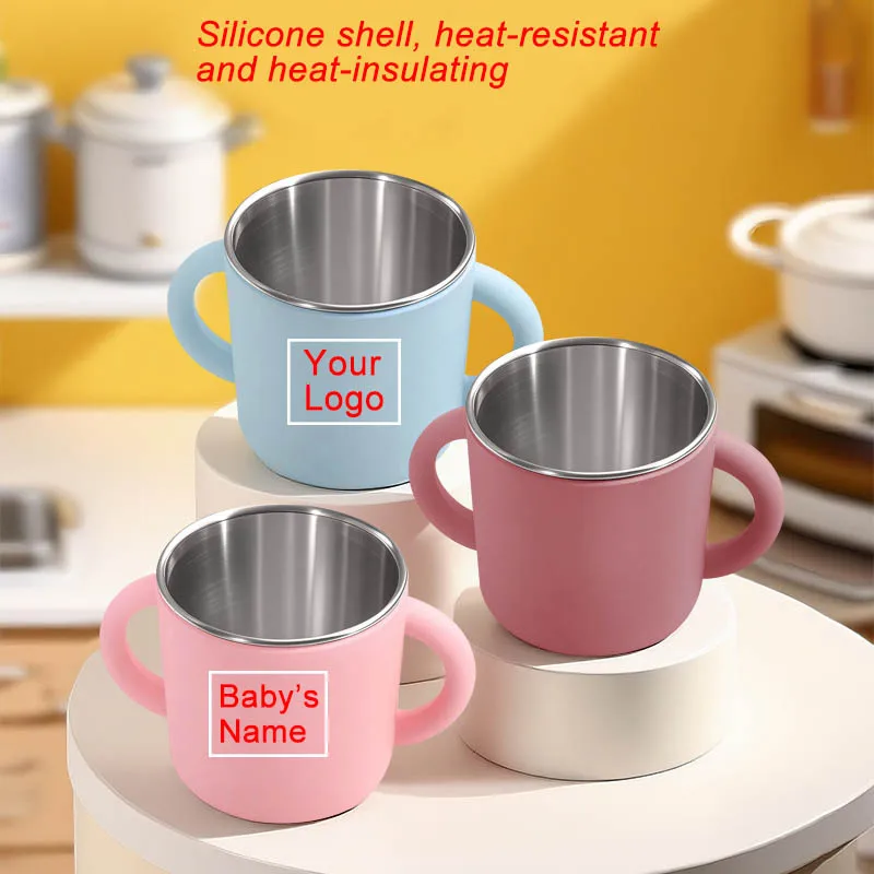 Juego de Alimentación para Bebé de Acero Inoxidable con Plato de Silicona Personalizado con Nombre, Tazón, Cuchara, Tenedor, Vaso, Regalo Creativo para Niños, Libre de BPA