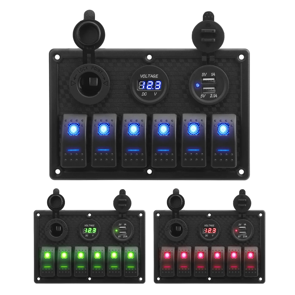 Panel de interruptor basculante de 6 entradas con ranura USB Dual de 4,2 A, pantalla de voltaje Digital para barco marino, coche, vehículos Rv, camión, yate
