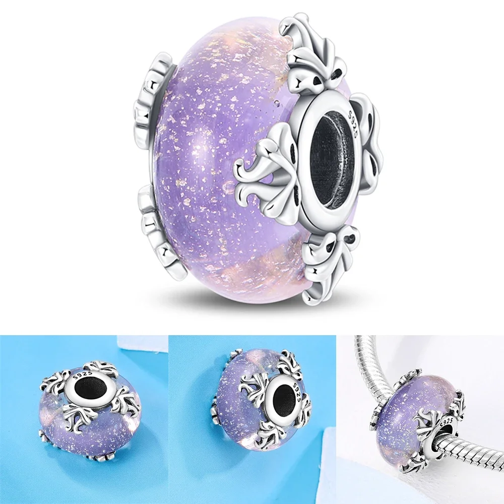 Abalorio Clásico de Plata de Ley 925 con Diseño de Flor y Hoja, Arcoíris Cósmico, Cristal de Murano, para Pulseras DIY, Joyería para Mujer, Regalo