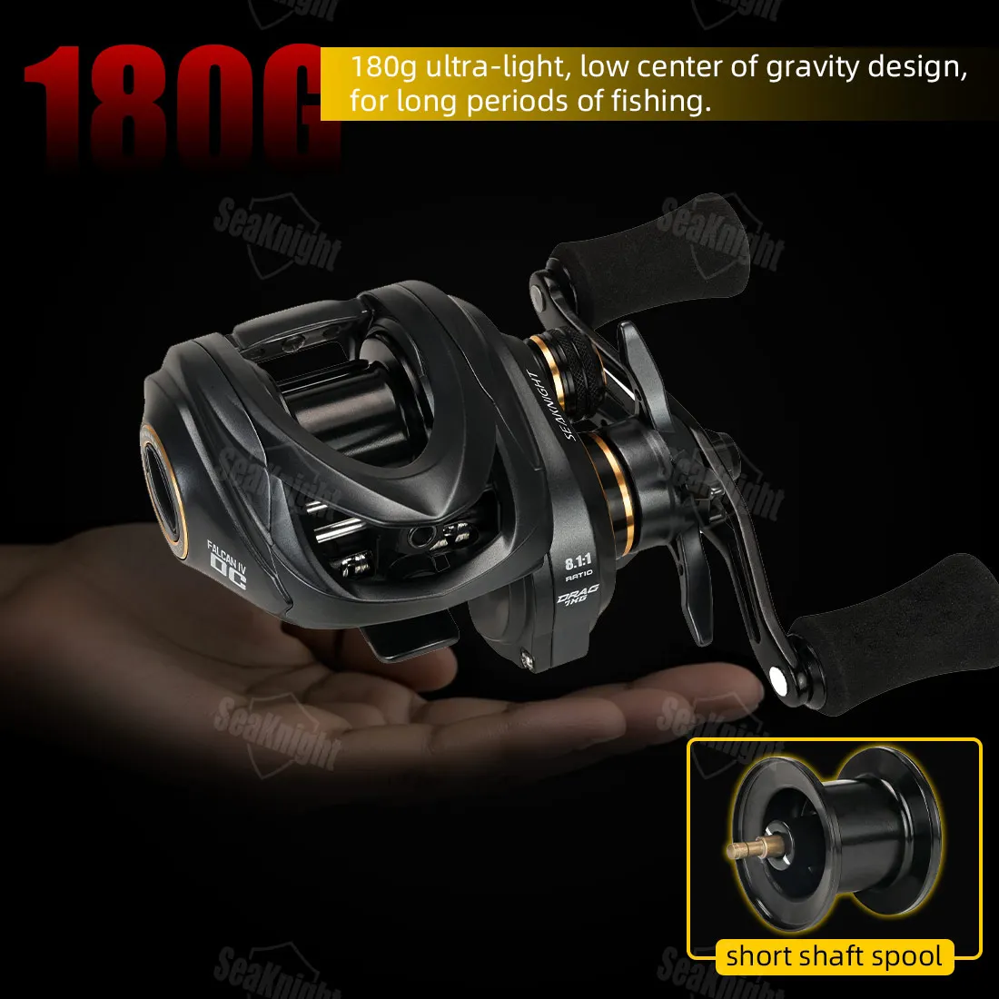 Carrete de Pesca SeaKnight FALCAN IV DC 8.1:1, Serie Baitcasting, 10+1BB, Sistema de Arrastre de Fibra de Carbono, 7kg/15lbs, Engranaje de Latón