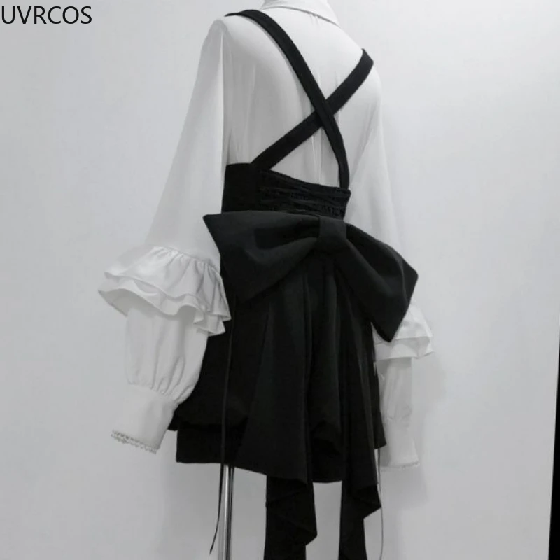 Conjunto gótico japonés Y2k de 2 piezas para mujer, camisas con lazo blanco dulce, falda con tirantes negros, Mini pantalones, traje de princesa Vintage informal