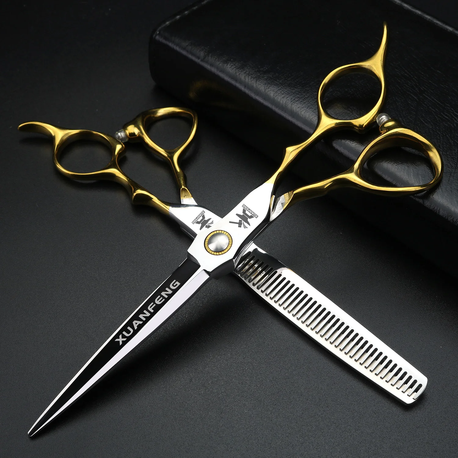 XUANFENG Tijeras profesionales para el cabello con mango dorado, tijeras de corte y tijeras de adelgazamiento de acero de 6,5 "440C,