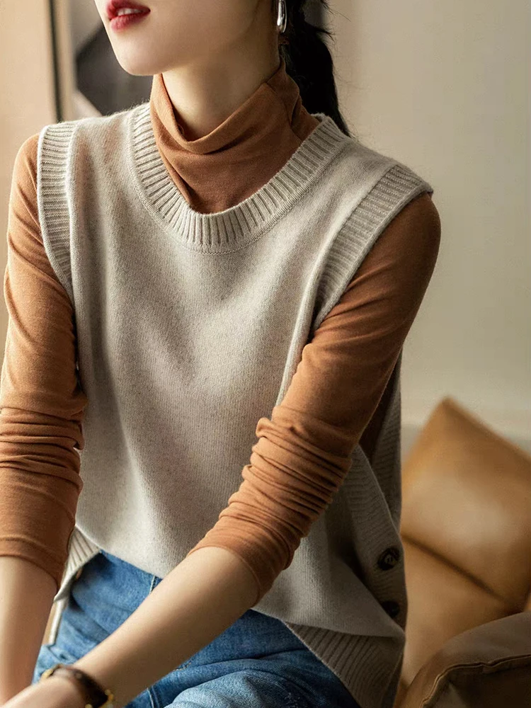 Nueva moda 100% de lana merina para mujer, suéter, chaleco, Otoño Invierno, prendas de punto para mujer, jersey liso, ropa de Cachemira sin mangas, Tops