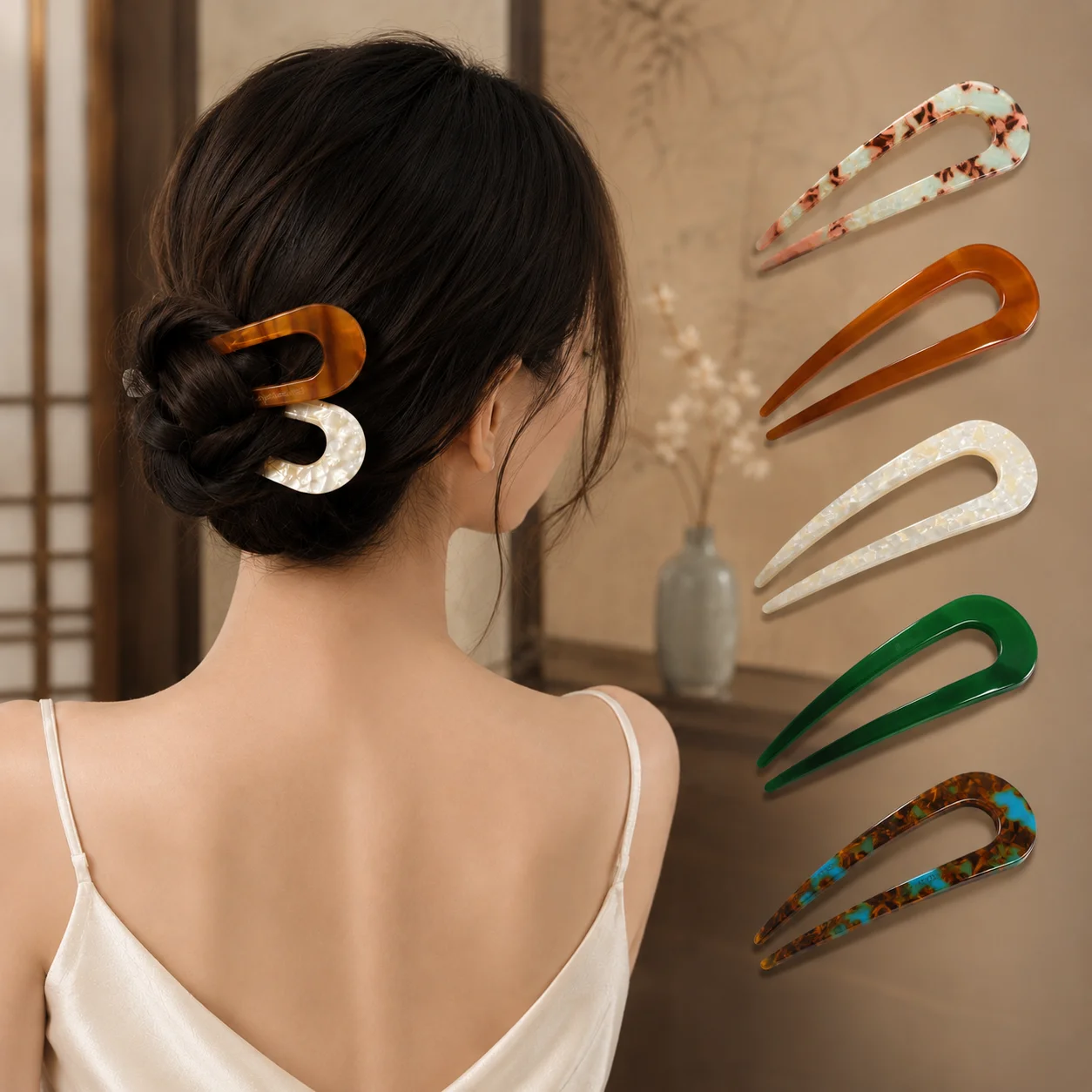 Horquilla de acetato en forma de U para mujer, horquilla francesa para moño, palillo para moño con efecto de caparazón de tortuga, accesorios coreanos vintage para peinados recogidos y moños.