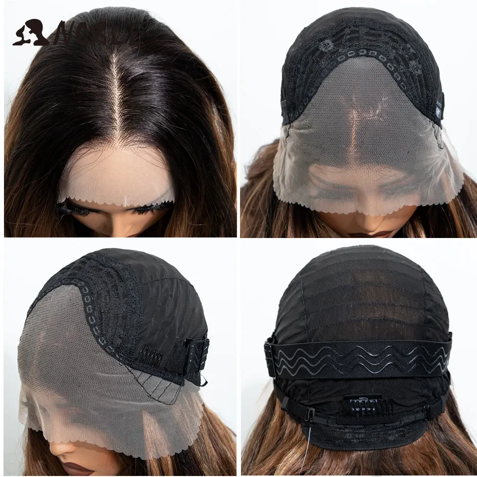 Peluca sintética de 28 pulgadas con ondas corporales, color marrón, con encaje frontal 13x4, parte media, resistente al calor, para mujeres, uso diario y fiestas.