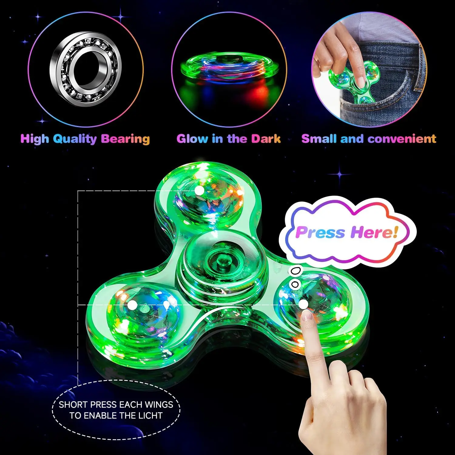 Fidget Spinner con luz LED, juguete luminoso para dedos, Spinner de mano, reducción de estrés y alivio de la ansiedad, recuerdos de fiesta para niños y adultos