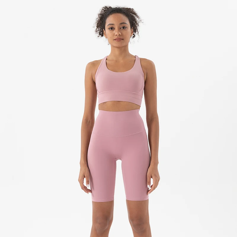 Conjunto de Yoga de Nailon de Dos Piezas para Gimnasio, Top Deportivo para Mujer, Pantalones Cortos de Ciclismo, Ropa Deportiva para Fitness, 45 Colores, Ropa para Mujer