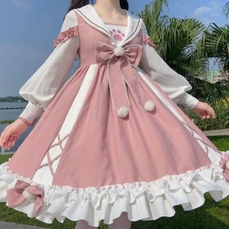 Vestido De talla grande azul De Lolita para Mujer, Vestidos De manga larga con lazo y cuello marinero, novedad De primavera 2025, Vestidos De Mujer De manga larga