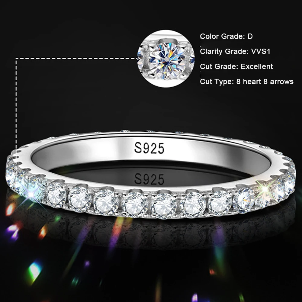 KNOBSPIN-Anillo de moissanita para mujer, de Ley 925 Sortija de plata, oro blanco sólido de 18k, banda Eternity, anillos de compromiso de boda, 2mm, Color D