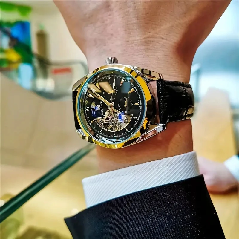 Reloj mecánico automático de lujo para hombre, con un diseño hemisférico genial, el reloj para hombre más vendido, puntero de fase lunar, diseño esqueletizado, el mejor regalo para él, no requiere pilas