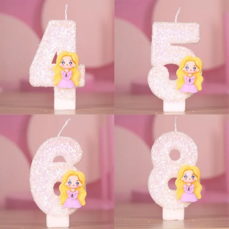 Vela Digital 3D con Números del 0 al 9, Princesa Rapunzel, Rosa, con Destellos, Mini Artículos de Fiesta para Juguetes, 7.5X4CM