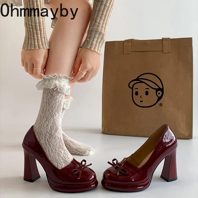Nueva plataforma de tacón grueso, zapatos Mary Jane para mujer, zapatos sin cordones con nudo de mariposa a la moda, zapatos de tacón para vestir al aire libre para mujer